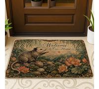 Opossum - Zerbino con scritta "Welcome", stile vintage, con ninfee e rocce verdi, antiscivolo, per casa, interni, esterni, ingresso, portico, decorazione, 73 x 43 cm