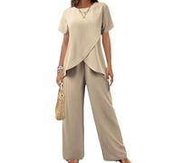 OPPOQ Completo Casual da Donna, 2025, Moda, Scollo Tondo, Manica Corta, Top con Spacchi Irregolari, Elastico in Vita, Pantaloni, Set Due Pezzi,Beige,XXL