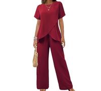 OPPOQ Completo Casual da Donna, 2025, Moda, Scollo Tondo, Manica Corta, Top con Spacchi Irregolari, Elastico in Vita, Pantaloni, Set Due Pezzi,Rosso,S