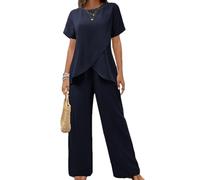 OPPOQ Completo Casual da Donna, 2025, Moda, Scollo Tondo, Manica Corta, Top con Spacchi Irregolari, Elastico in Vita, Pantaloni, Set Due Pezzi,Blu,S