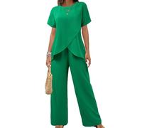 OPPOQ Completo Casual da Donna, 2025, Moda, Scollo Tondo, Manica Corta, Top con Spacchi Irregolari, Elastico in Vita, Pantaloni, Set Due Pezzi,Verde,M