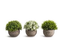 Opps Set di 3 mini piante artificiali in plastica, fiori verdi in vaso grigio, decorazione per la casa