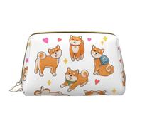 OPSREY Borsa cosmetica da viaggio in pelle stampata con fiori bianchi e neri, Simpatico cane Shiba Inu., Taglia unica