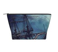 OPSREY Polpo Kraken Pirata Nave Oceano Stampa Trucco Borsa Cosmetica Portatile Impermeabile Cerniera Borsa da Viaggio per le Donne Nero, Taglia Unica, Nero , Taglia unica