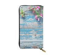 OPSREY Portafoglio lungo da donna in pelle con stampa floreale su tavola di legno con cerniera intorno alla borsa pochette borsa porta carte da viaggio, nero, taglia unica, Nero , Taglia unica