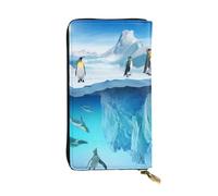OPSREY Portafoglio lungo in pelle stampata con bandiera dei pirati Portafoglio con zip portatile borsa in vera pelle, Pinguini sull'iceberg, Taglia unica