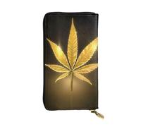 OPSREY Portafoglio lungo in pelle stampata con motivo zucca di Halloween Portafoglio con zip portatile borsa in vera pelle, Cannabis dorata, Taglia unica