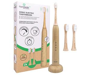 Optismile® Spazzolino Elettrico in Bamboo | Spazzolino Denti in Bambù con 5 Modalità e 2 Testine | Spazzolino Ecologico e Sostenibile | Spazzolino Ricaricabile ad Ultrasuoni in Bambù