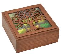 Optyuwah Scatola da tè, scatola da tè, in legno, marrone, per bustine di tè, per bustine di tè, zucchero, caffè, contenitore con albero della vita e finestra in vetro trasparente