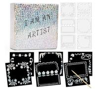 OPUHOHR 100 fogli Scratch Art argento olografico Scratch Art Notebook con stencil righelli in legno, set di immagini per bambini