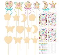 OPUHOHR Set di 18 Bacchette Magiche da Principessa, Bacchetta da Stella Luna Fiore Cuore Corona Forma, Compleanno Artigianato Fai da Te Bacchette Magiche con Acquerelli e Gemme Autoadesive e Nastri