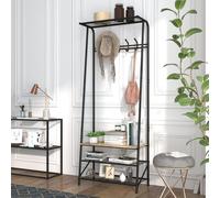 OPULENTHOME Appendiabiti con panca per scarpe, 5 ganci, 4 ripiani portaoggetti struttura in metallo, mobile multifunzione 4 in 1 stile legno, ideale per ingresso, corridoio o bagno.