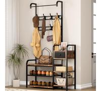 OPULENTHOME Appendiabiti con panchina, appendiabiti con scarpiera, con panchina, scaffale extra a 3 livelli, 1 cassetto e 8 ganci, per corridoio, camera da letto, 88 x 30 x 175 cm