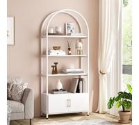 OPULENTHOME Elegante libreria con arco, scaffale in legno, metallo, libreria con ante con poggiapiedi regolabili, scaffale aperto, 4 piani, bianco, 181 x 80 x 28 cm