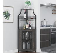OPULENTHOME Mobiletto angolare per vino con tavolo da lavoro, in legno, con 5 ripiani e 2 supporti in vetro e porta a rete, per cucina, soggiorno, sala da pranzo (152 x 90 x 32 cm, rovere scuro)