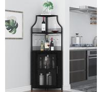 OPULENTHOME Mobiletto angolare per vino con tavolo da lavoro, in legno, con 5 ripiani e 2 supporti in vetro e porta a rete, per cucina, soggiorno, sala da pranzo (152 x 90 x 32 cm, nero)
