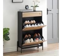 OPULENTHOME Scarpiera in rattan con 2 scomparti pieghevoli e 1 cassetto, scarpiera con ripiani regolabili, per soggiorno e corridoio, 61 x 24 x 102 cm, nero