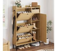 OPULENTHOME Scarpiera stretta, in rattan con 3 alette, 4 ripiani, con ripiani regolabili, con set di protezione antiribaltamento, per ingresso, corridoio, 90 x 24 x 131 cm