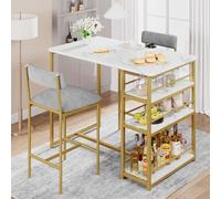OPULENTHOME Set di 2 tavoli da pranzo con 3 ripiani, tavolo da cucina da bar con 2 sedie imbottite, set da 3 tavoli da cucina per appartamento, piccolo spazio 91,4 x 50 x 91,4 cm