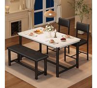 OPULENTHOME Set tavolo da pranzo per 4, tavolo da cucina con 2 sedie imbottite e panca, in legno, per piccoli spazi, appartamenti, casa, facile da montare, marmo bianco