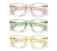 OPULIZE AWE Occhiali luce blu donna e uomo - Confezione da 3 - Occhiali da lettura - Antibagliore per computer e gaming - Protezione UV - Rotondo retrò - Rosa Verde Giallo trasparente +1,50