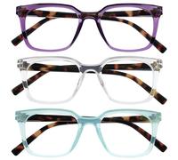 OPULIZE KOI Occhiali da Lettura, Confezione da 3 - Montatura Rettangolare Grande - Viola-Verde Acqua-Trasparente - Unisex - Cerniere a Molla - RRR50-5CQ - +3.00