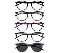 OPULIZE Met 5 Pacco Occhiali Da Lettura Con Lettore Sole Giro Nero Marrone Porpora Verde Grigio Uomo Donna RRRRS60-12567 +3,00
