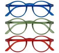 OPULIZE REY Occhiali da Lettura - Pacco da 3 - Montatura Rotonda Retro - Blu Opaco, Verde, Rosso - Uomo Donna - Cerniere a Molla - RRR56-36Z - +3.50