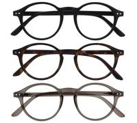 OPULIZE REY Occhiali da Lettura - Pacco da 3 - Montatura Rotonda Retro - Nero, Marrone Tartarugato, Grigio - Uomo Donna - Cerniere a Molla - RRR56-127 - +2.00