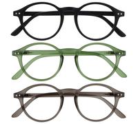 OPULIZE REY Occhiali da Lettura - Pacco da 3 - Montatura Rotonda Retro - Nero Opaco, Verde, Grigio - Uomo Donna - Cerniere a Molla - RRR56-167 - +3.50