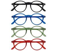 OPULIZE REY Occhiali da Lettura - Pacco da 4 - Montatura Rotonda Retro - Nero Opaco, Blu, Verde, Rosso - Uomo Donna - Cerniere a Molla - RRRR56-136Z - +3.00