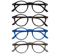 OPULIZE REY Occhiali da Lettura - Pacco da 4 - Montatura Rotonda Retro - Nero Opaco, Marrone Tartarugato, Blu, Grigio - Uomo Donna - RRRR56-1237 - +1.50