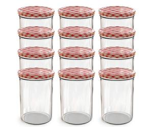 Oputec 12 barattoli da 440 ml con coperchio a vite TO 82 a quadretti rossi, perfetti per marmellate, confetture e altro ancora, grandi barattoli con coperchio, ideali come barattoli per marmellate e