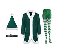 Opvonxeh Santa Costume Women - 4-Pieces Velvet Holiday Cosplay Outfit for Festive Celebrations, Includes Belt, Hat and Striped Tights with Comfortable Fit, Mrs Claus Costume for Winter Party
