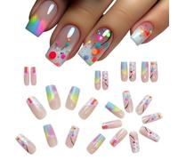 Opvonxeh Square Press Nails, Cute Medium Acrylic Fake Nail Set, 24 pezzi Full Cover Gradient Design, Stick Nails with Jelly Glue for Women and Girls