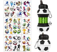 OPVXZAD Bottiglia d'acqua Piegabile in Silicone 550 ml, Trofeo Coppa del Mondo, Portachiavi a Forma di Calcio, Adesivo Tatuaggio Calcio per Ragazzi, Adulti, Appassionati di Sport