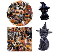 OPVXZAD Gatto Strega Halloween Decorazione con Adesivi Neri e Mini Gatto Resina Set Statuetta a Forma di Gatti Statuette Decorative per Gatti Regalo Halloween per Feste e Arredo Casa