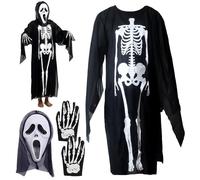 OPVXZAD Halloween Horror Scream Maschera Set Maschera Fantasma Mantello Lungo Scheletro Bianco Osso Modello Guanti Adulto Terror Abbigliamento Prodotti per Halloween Festa Cosplay Casa Fantasma