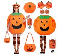 OPVXZAD Set Costume Zucca Bambino - Top 3D, Cappello, Borsa & Altro | Zucca Top Imbottito 3D, Berretto, Borsa, Occhiali, Calze Rigate, Comodo, Perfetto per Halloween, Feste & Scuola