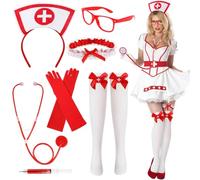 OPVXZAD Set da infermiera Costume infermiera Halloween Accessori con cappello e stetoscopio, giarrettiera, calze rosse con croce bianca e penna a siringa, per donne e ragazze, accessori per Halloween