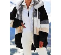 OQSM Womens Autumn Winter Plush Jacket, Women Hooded Warm Jackets Loose Plush Color Block Hooded Zipper Coat, Winter Plaid Ladies Coats (XXX-Large,Black)