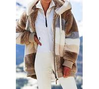 OQSM Womens Autumn Winter Plush Jacket, Women Hooded Warm Jackets Loose Plush Color Block Hooded Zipper Coat, Winter Plaid Ladies Coats (X-Large,Grey)