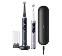 Oral-B iO 9 Duopack - Spazzolino da denti elettrico ricaricabile con 2 maniche intelligenza artificiale, nero e rosa al quarzo, 2 spazzole e custodie da viaggio premium in omaggio