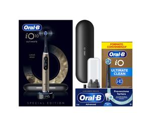 Oral-B Spazzolino Elettrico iO 10 Gold Special Edition, 1 Testina, 1 Custodia Da Viaggio + Dentifricio Advanced Prevenzione Tartaro + Testine di Ricambio iO Ultimate Clean Nere, Confezione da 10 Testi