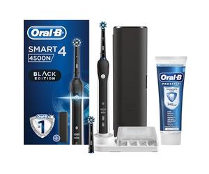 Oral-B Spazzolino Elettrico Ricaricabile Smart 4 4500 Nero, 2 Testine, 1 Custodia da viaggio, 1 Spazzolino +1 Dentifricio Pro-Expert Sbiancante Sano