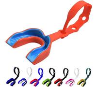Oral Mart Paradenti per bambini, con cinghia, per bambini, con cinghia collegata, per calcio, hockey su ghiaccio, lacrosse, taekwondo, colore arancione/blu