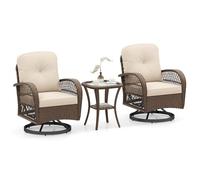 ORALNER Set di 3 mobili da giardino in vimini, girevoli a 360°, sedie a dondolo con cuscini, tavolino da caffè in vetro temperato, set da bistrot in rattan per esterni, balcone, veranda, terrazza a