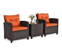 ORALNER Set di 3 mobili da patio, set di conversazioni in vimini con cuscini, tavolino da caffè in vetro, set bistrò, per veranda, balcone, giardino, terrazza a bordo piscina (arancione)