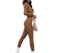 ORANDESIGNE A Marrone Donna Tuta Aderente con Maniche Lunghe Pantaloni Siamesi con Scollato Basso Tutina Sportivo Intero Tinta Unita S