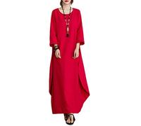 ORANDESIGNE Abiti Lungo Donna Manica 3/4 in Cotone e Lino Maxi Vestiti Girocollo Tinta Unita Casual Abito Caftano Boho Allentato Abito Spiaggia Bikini Cover Up Taglie Forti B Rosso M